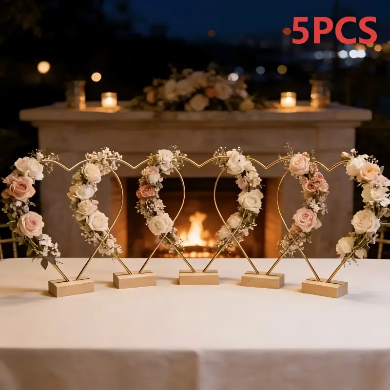 5 Piece Heart Shaped Wreath Holders, Iron Wreath with Wooden Base, DIY Wedding, Birthday, Anniversary, Valentines Party Decorations