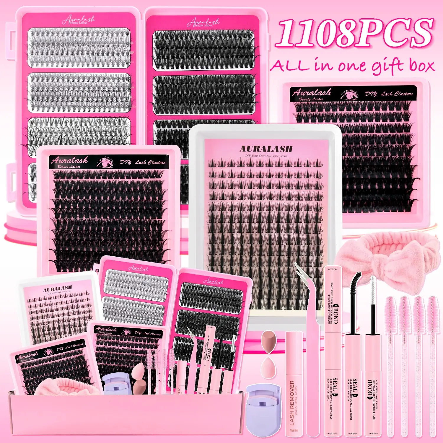 Stunning Eye Makeup in Just 3 Mins! 1180PCS Lash Gift Box 8 Densities 10D-100D Lash Book + 80D/120D Travel Pack |Manga Cat Eye Cluster Lashes |Upgraded Gentle Lash Glue | Long-Lasting & Easy to Apply| Fluffy Soft Clusters with Tools