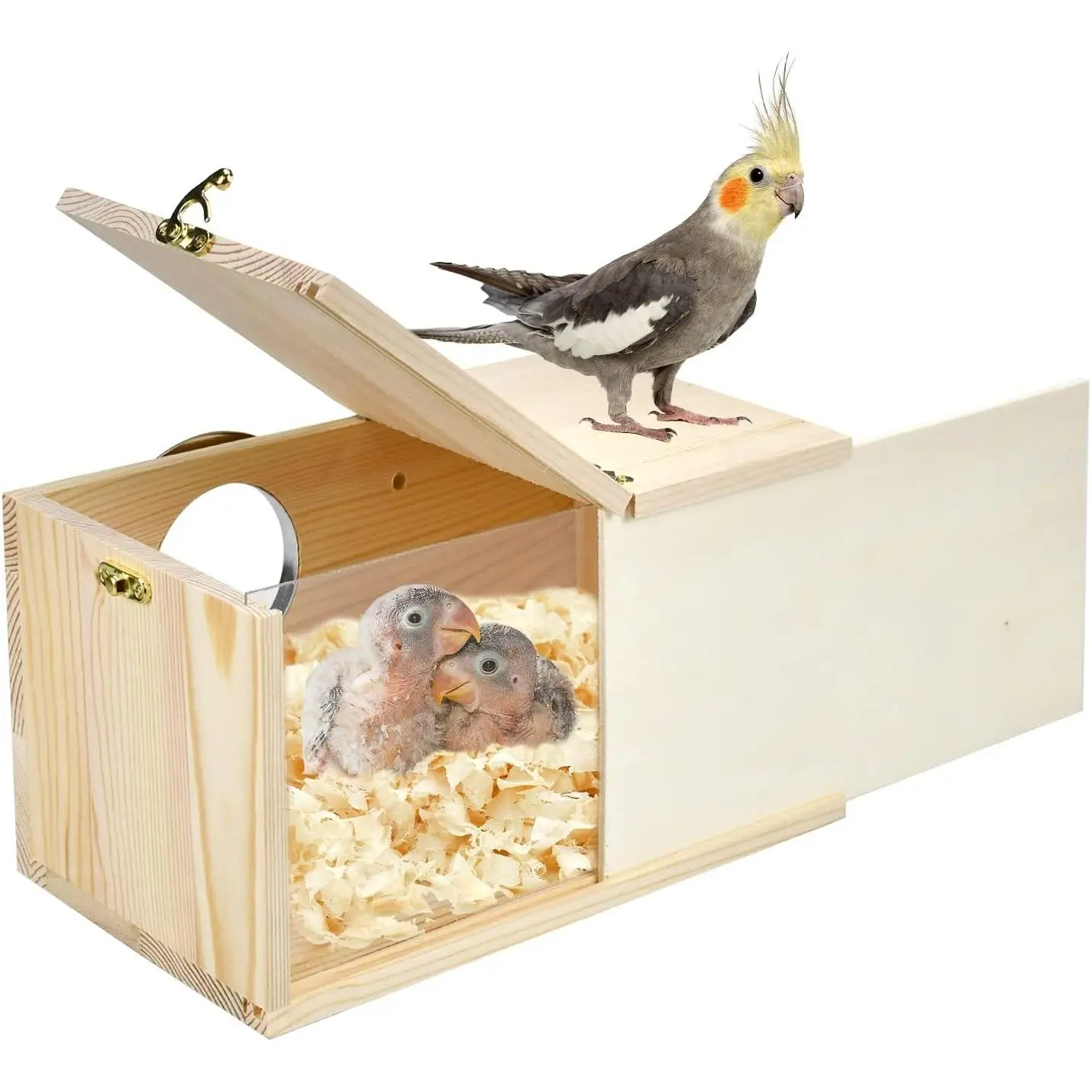 Natural Pine Transparent Acrylic Bird Nesting Box, Detachable Design Breeding Box House for Lovebirds Cockatiel Budgie Conure Parrot