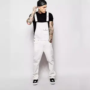 Men Summer White Slimming Skinny Denim Bib Overalls, New European American Figure-Flattering Long Suspender Jeans1936