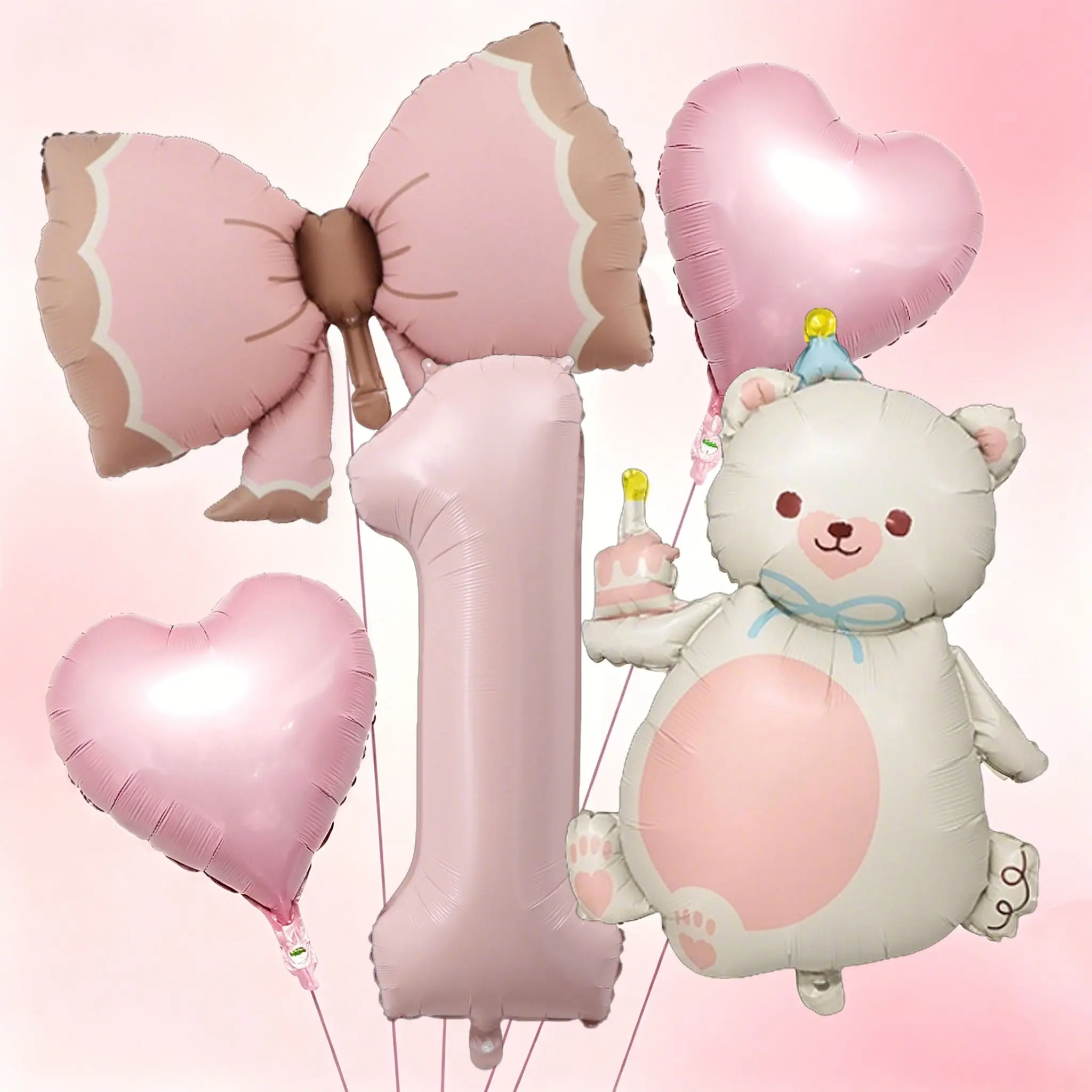 7 Piece Bow Bear Number Balloon Set, 32 Inch Baby Aluminum Foil Balloons, Girl Birthday Party Decor, Party Balloons Decorations, Korean Style Event