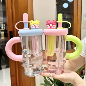 2026 new large-capacity water cup, suitable for girls, cute cartoon student cup, with straw, handle, and tea strainer, plastic cup
