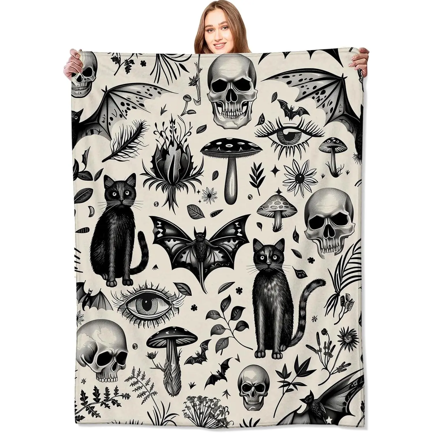 Gothic Weird Blanket Decorated with Black Cat, Skull and Bat Patterns, for Girls, Boys and Adults, Lightweight Soft Cozy Fleece Blanket for Sofa, Armchair, Bedroom: Home & Kitchen