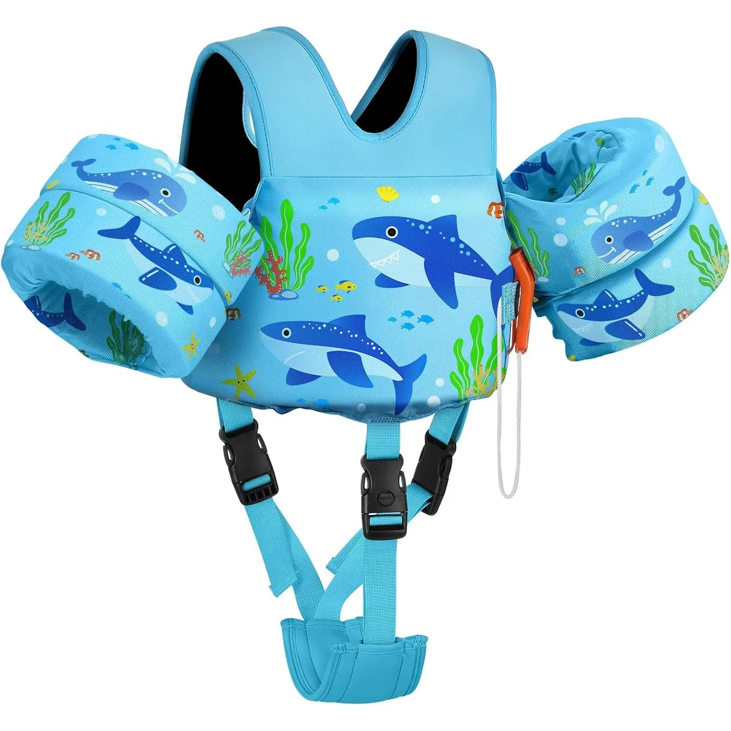 Toddler Swim Vest for 15-30-50-66 lbs, Boys Girls Swim Puddle Arm Floaties Cartoon Swimming Water Wings with Crotch Strap, Pool Floats Jacket Sleeves Shoulder Straps Arm Band for Toddler
