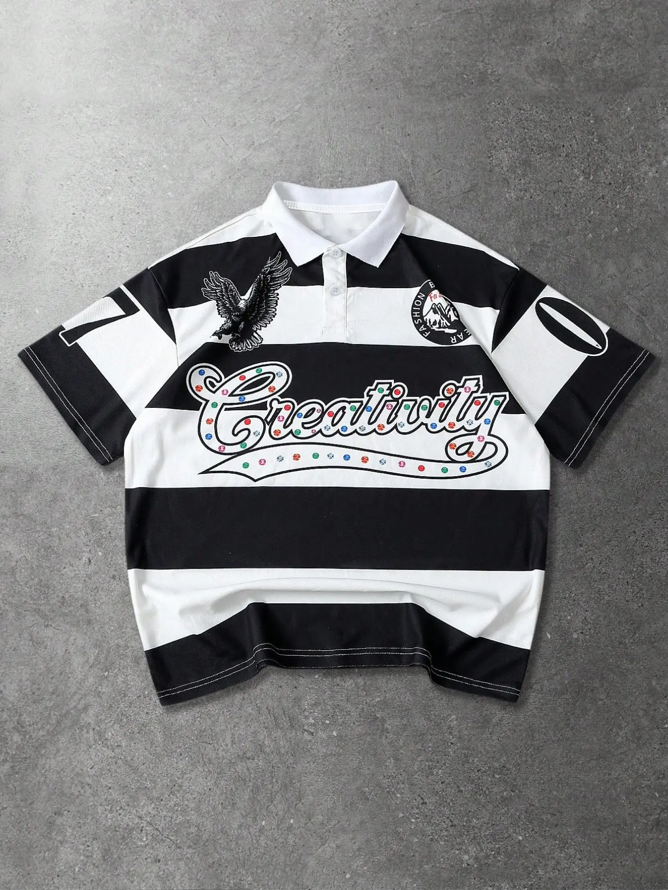 Men's Polo Shirt, Casual Tops, Streetwear, Retro Striped Polo with Graphic Print and Colorful Rhinestone, Street Style Men's Short Sleeve Lapel Shirts, Blockecore Athletic Wear, Preppy Style, Casual Wear Tops for Skateboarding and Urban Daily