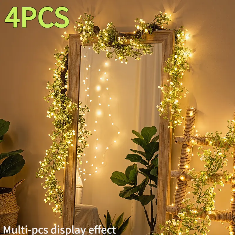 4-piece flower vine set with LED string lights, baby's breath wreath decoration, Bohemian ornaments, suitable for home, bedroom, garden, wedding, party, and daily indoor and outdoor decoration