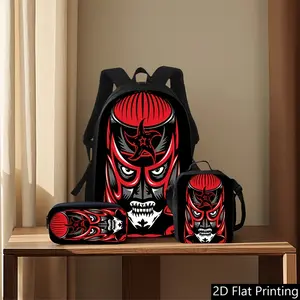 3-Piece Oxford Backpack Set, Lunch Bag Pencil Case, Red Black Samurai Demon Mask Esports Logo Print, Breathable Padded Straps for Student Daily Trips