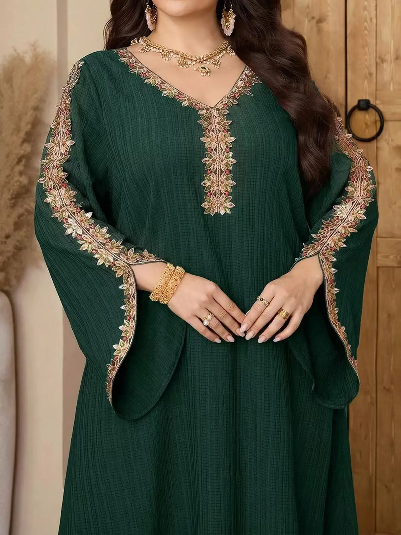 Boho Ethnic Style Middle Eastern Women's Casual Long Dress with Long Sleeves, V Neck Embroidery Design, Perfect for Everyday Wear, Fashionable and Comfortable, Boho Chic Dress