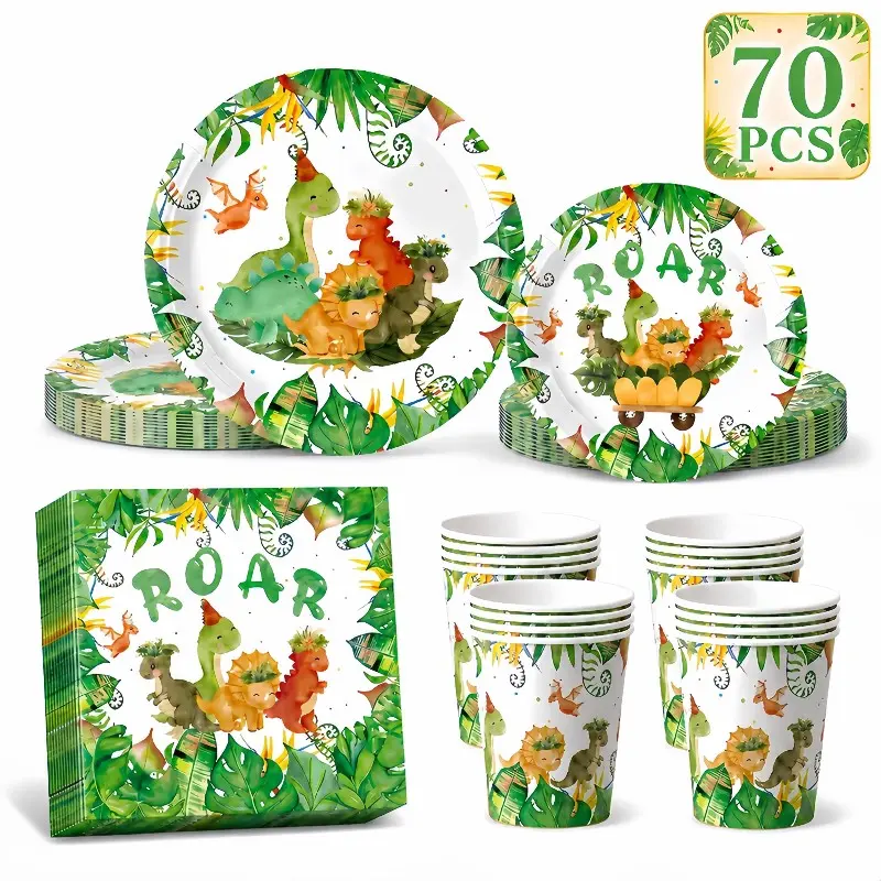 70 Piece Jungle Dinosaur Disposable Cutlery Set, Tropical Leaf Cute Dino Pattern, Birthday Party Plates Cups Napkins, Party Plates And Cups And Napkins Sets