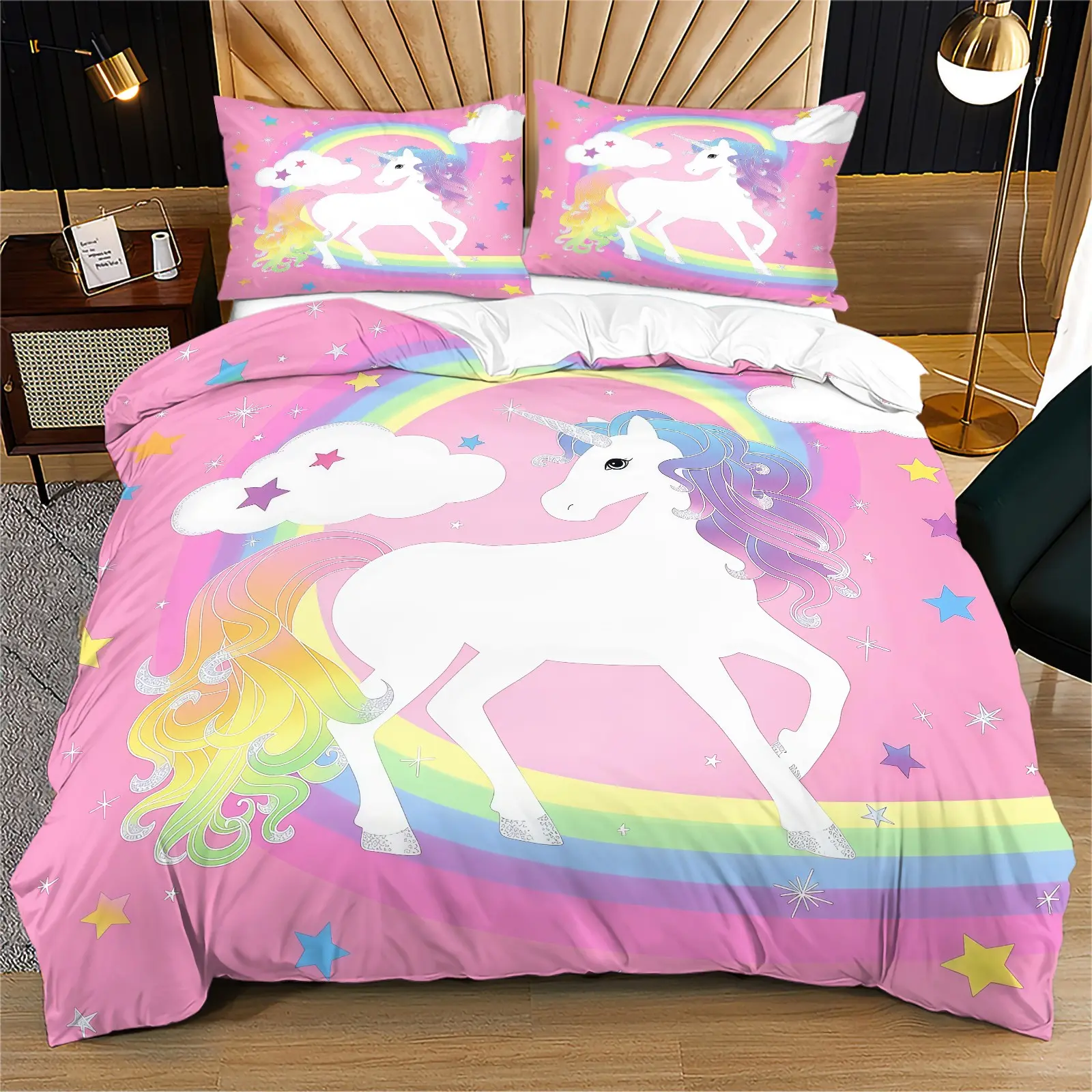 Fantasy Unicorn Pattern Duvet Cover Set, Soft And Cute Pink Princess Atmosphere Bedding Set (1 Duvet Cover + 1/2 Pillowcase, No Filler Included), Suitable For Teenagers, Adults, Guest Rooms, Dormitories, And Master Bedroom Scenes