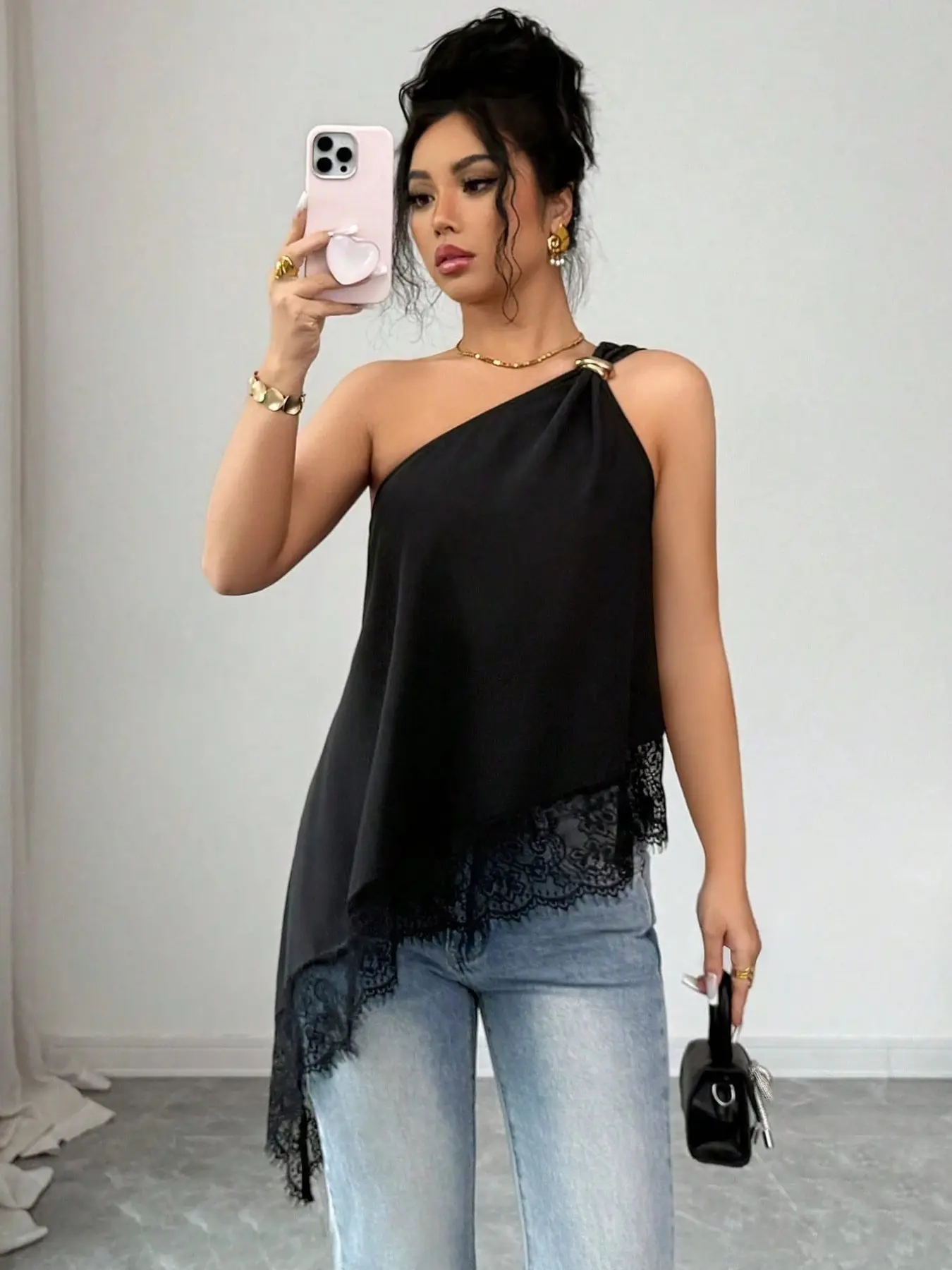 1PC Women's One Shoulder Smooth Satin Top, Lace Irregular Hem Sleeveless Blouse, Chic, Elegant, Feminine