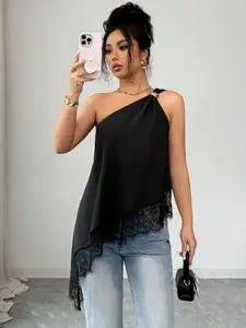 1PC Women's One Shoulder Smooth Satin Top, Lace Irregular Hem Sleeveless Blouse, Chic