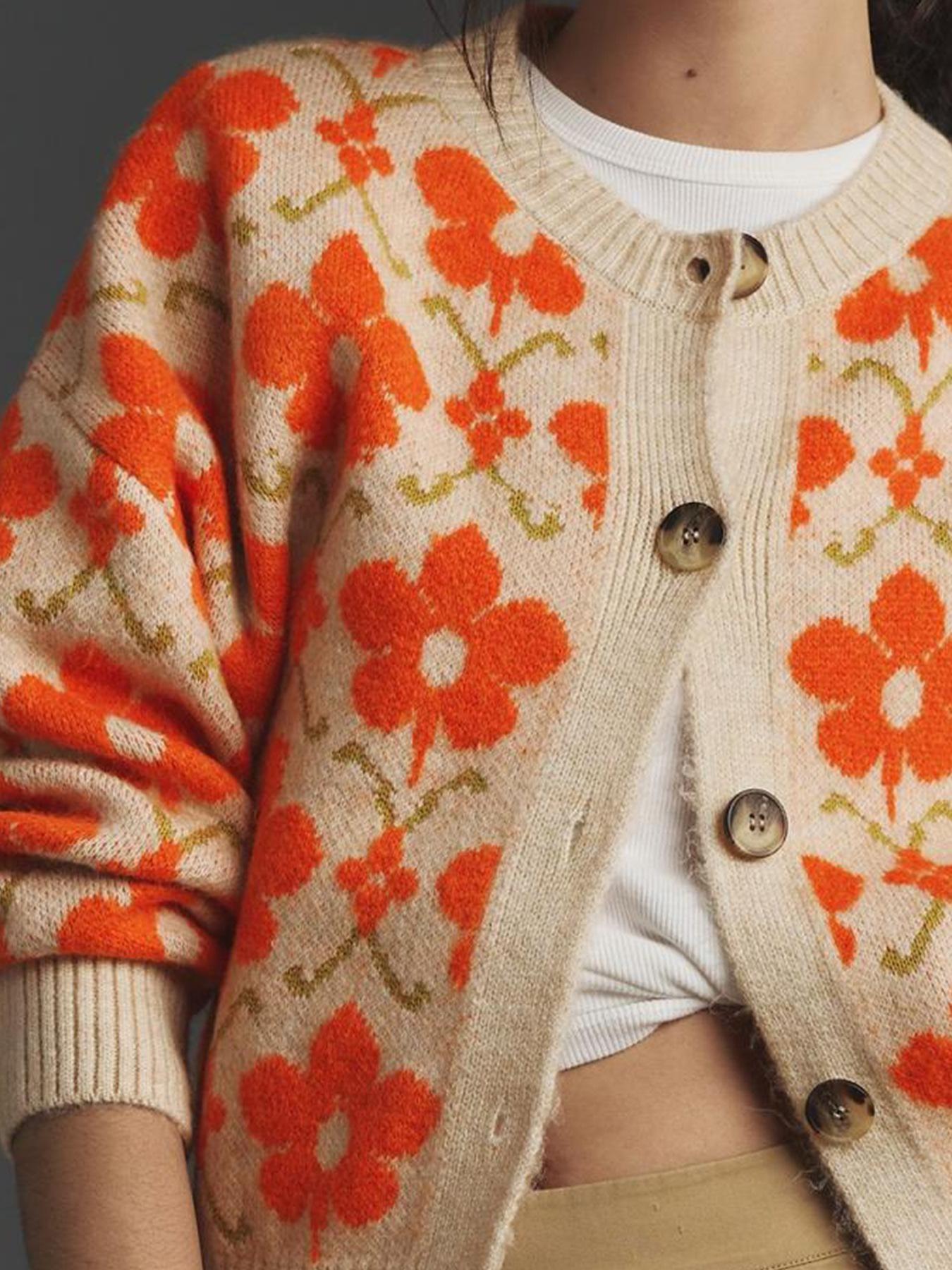 Vintage Floral Jacquard Knit Cardigan, Button Front Long Sleeve Sweater, Fitted Soft Comfortable Fall & Winter Fashion, Elegant Women's Outerwear Knitwear