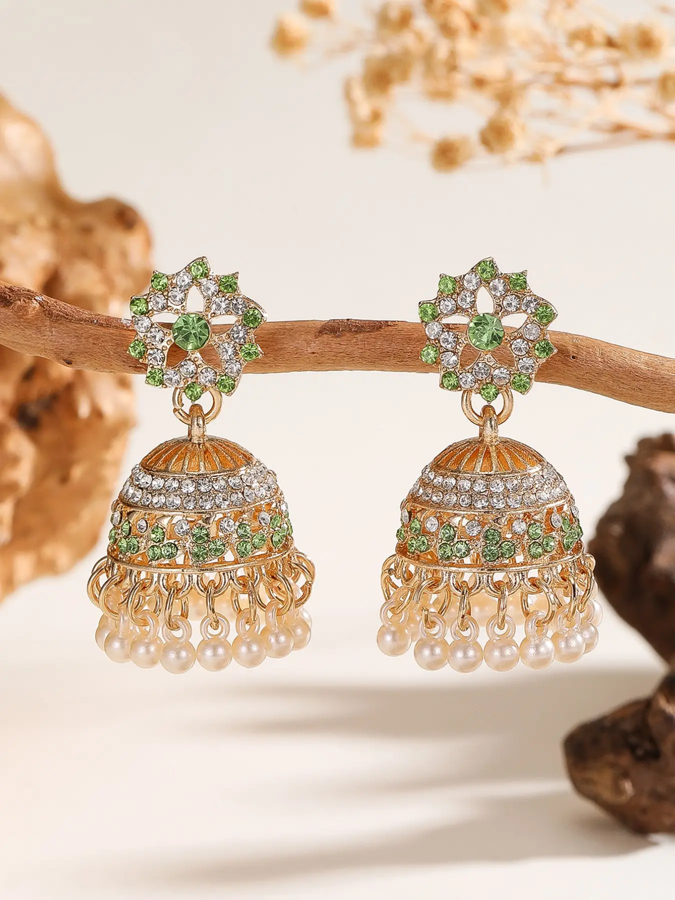 Elegant Bollywood Style Jhumka Earrings, Shining Fashion Dangle Earrings, Rhinestone Embellished Hollow Out Design, Faux Pearl Tassel Drop Earrings for Women and Girls