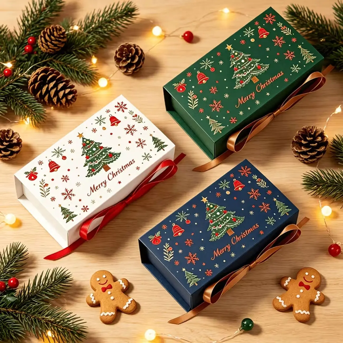 5 Piece Christmas Gift Boxes Set, Ribbon Included, Snowflake Print Rectangular Boxes, Luxury Flip-Top Candy Cookie Wrappers, Holiday Chocolate Gifts