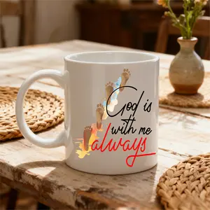 11oz White Mug, Inspirational Religious Style, God Is With Me Footprints Design, Daily Use Seasons, Christian Believers Faith Based Gift