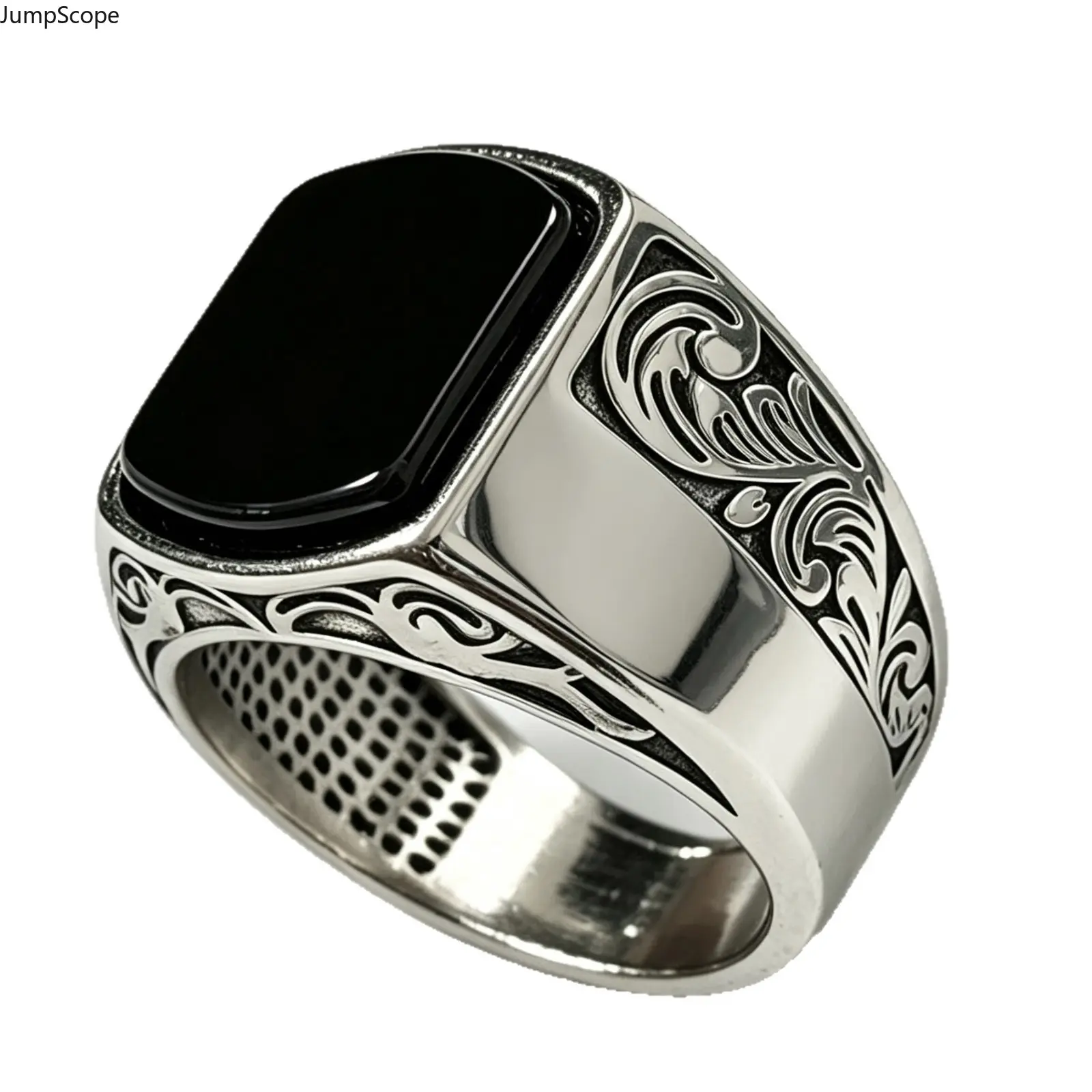 Square Onyx Signet Ring for Men, Classic Silver-Plated Jewelry with an Engraved Scroll Swirls Band and Polished Finish, Male, Engraved Band, Mdf+Steel