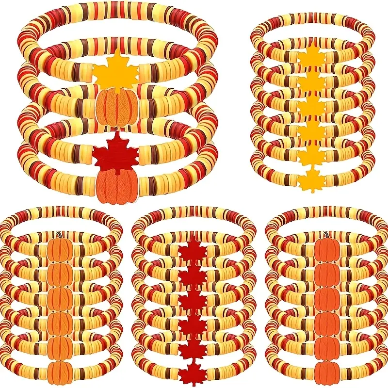 Polymer Clay Beaded Charm Bracelets, 24-Piece Casual Mixed Set with Fall Maple Leaf & Pumpkin Charms, Unisex Wear for Thanksgiving