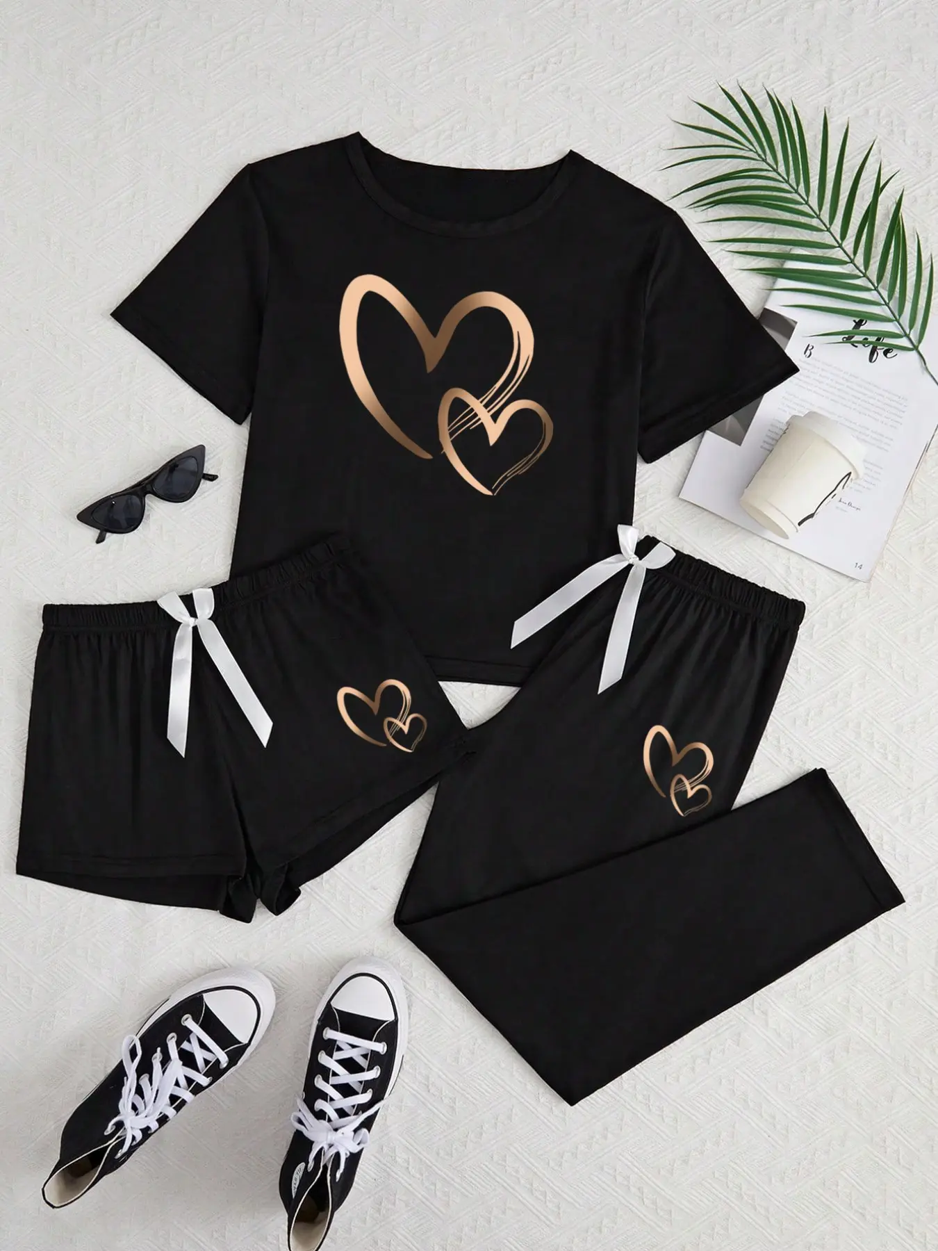 Women's Heart Print Pajama Set, 3-Piece Sleepwear, Soft Comfortable Fabric, All-Season Casual Home Wear