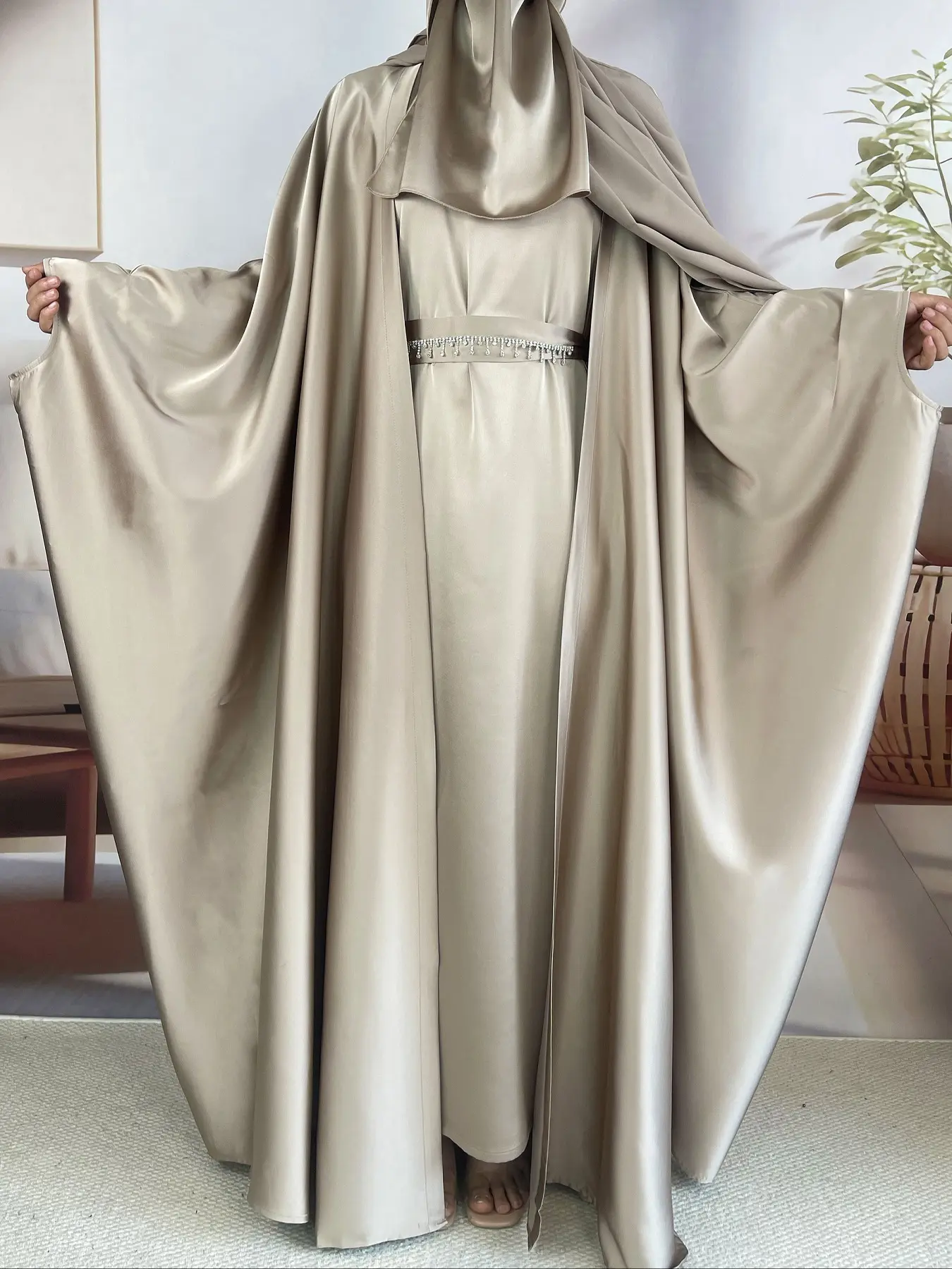 5-Piece Set Butterfly Abaya With Niqab, Loose Full Cover Satin Abaya, Abaya Hijab Set, Butterfly Abaya Sets
