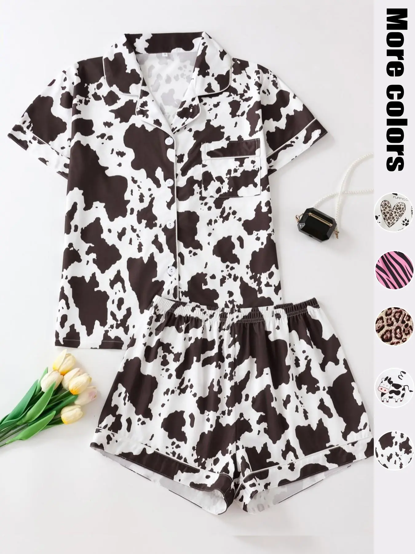 Women's Cow Print Notched Neck Crop Shirt & Shorts Pajama Two-piece Set, Elegant Comfy Short Sleeve Top & Shorts PJ Set, Ladies Sleepwear & Loungewear for All Seasons, Pajama Outfit