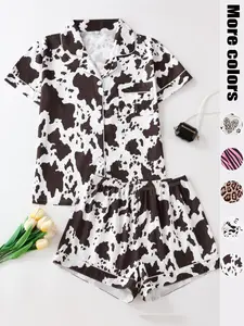 Women's Cow Print Notched Neck Crop Shirt & Shorts Pajama Two-piece Set, Elegant Comfy Short Sleeve Top & Shorts PJ Set, Ladies Sleepwear & Loungewear for All Seasons