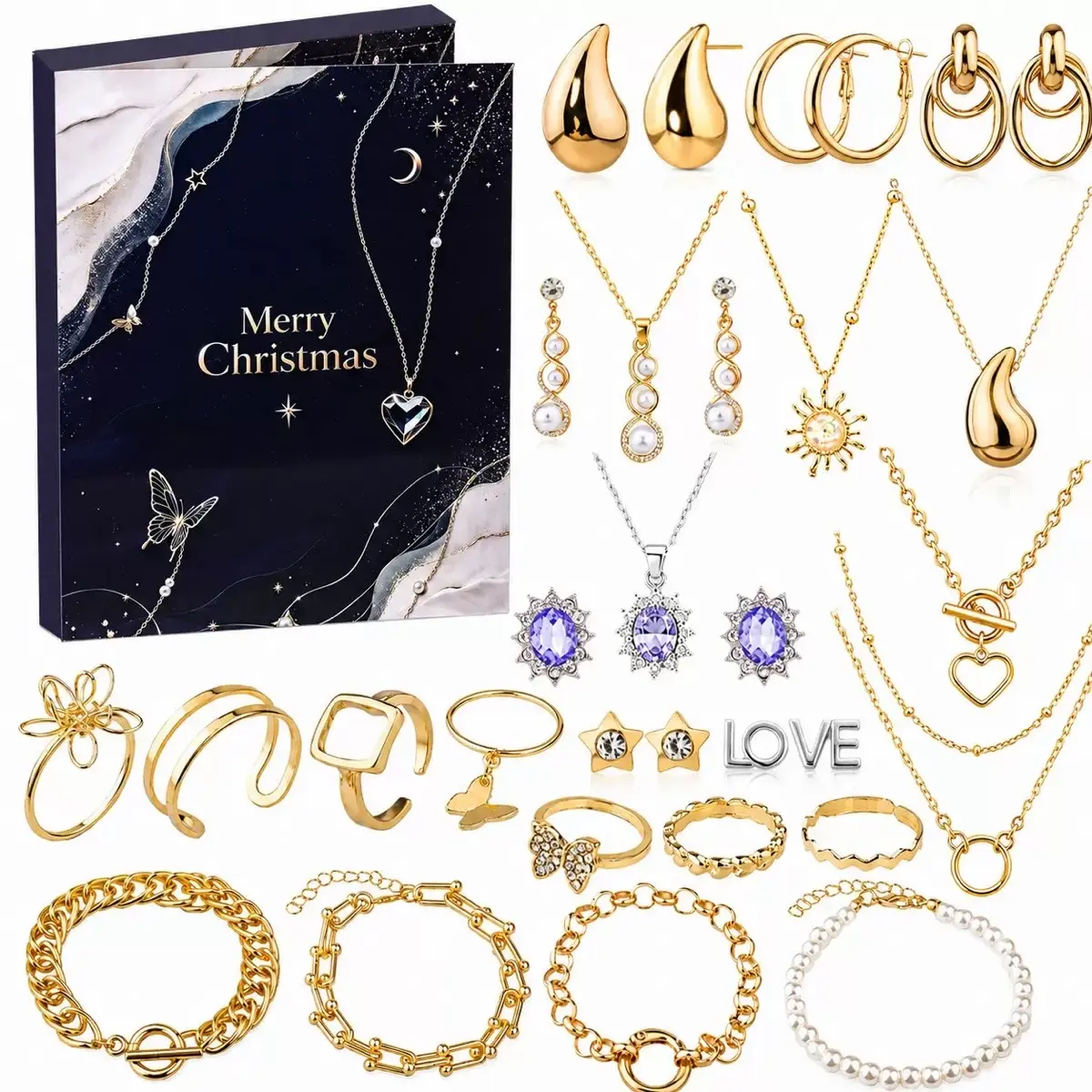 1 Set Christmas Jewelry Advent Calendar Blind Box, Luxury Gold Plated Earrings Necklaces Rings Bracelets Kit, Xmas Surprise Gift Box for Women Daily Party Wear Jewelry Sets