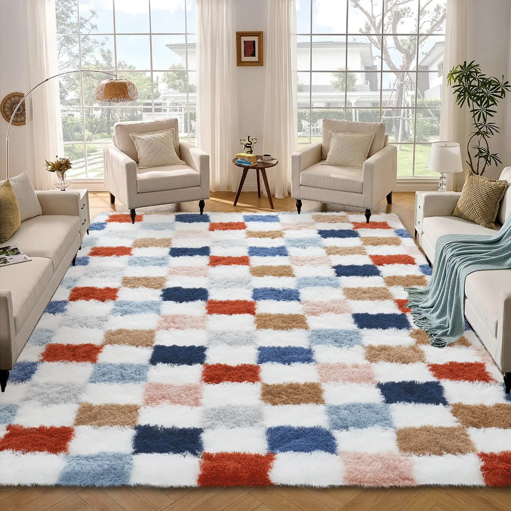 Fluffy Checkered Pattern Rug High Pile Non Slip Soft And Non Shedding Large Size for Bedrooms Living Rooms Childrens Rooms and Apartments