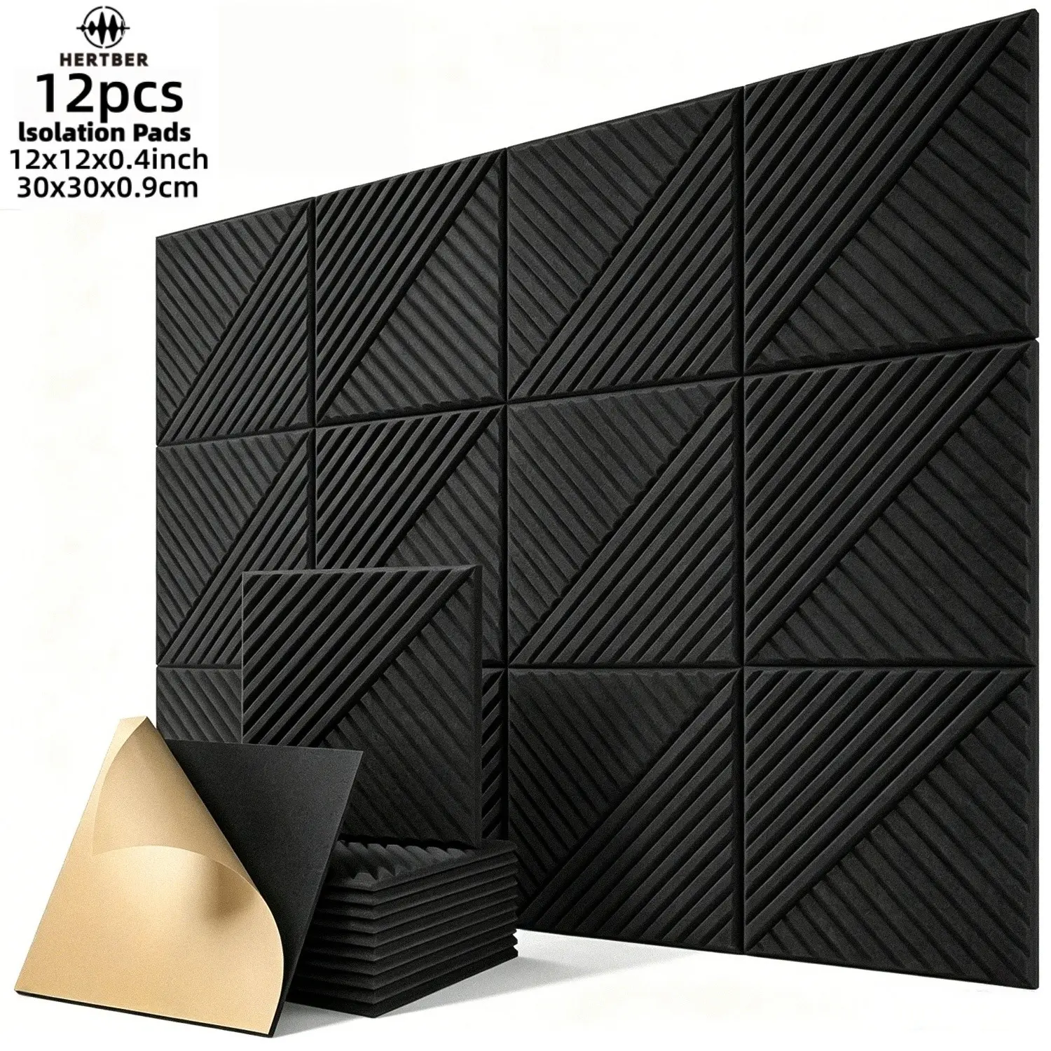 HERTBER 12Pcs Self-Adhesive Acoustic Wall Panels, Peel And Stick Panels For Walls, 12x12x0.4 Inch 3D Striped Sound Absorbing Panels, Noise Reduction Echo Cancelling Wall Panels for Home Studio Bedroom Commercial Display, Black White