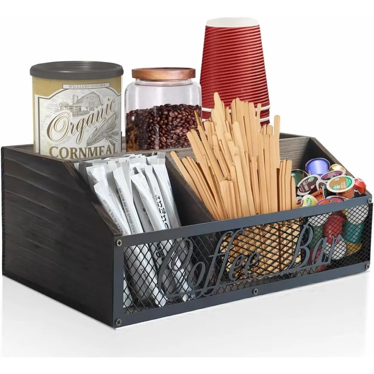 Coffee Station Organizer - Rustic  Coffee Bar Accessories Organizer, FarmhouseCoffee Condiment Storage Basket for K Cups, Pods,  Bags, Cups, and Sugar, Brown