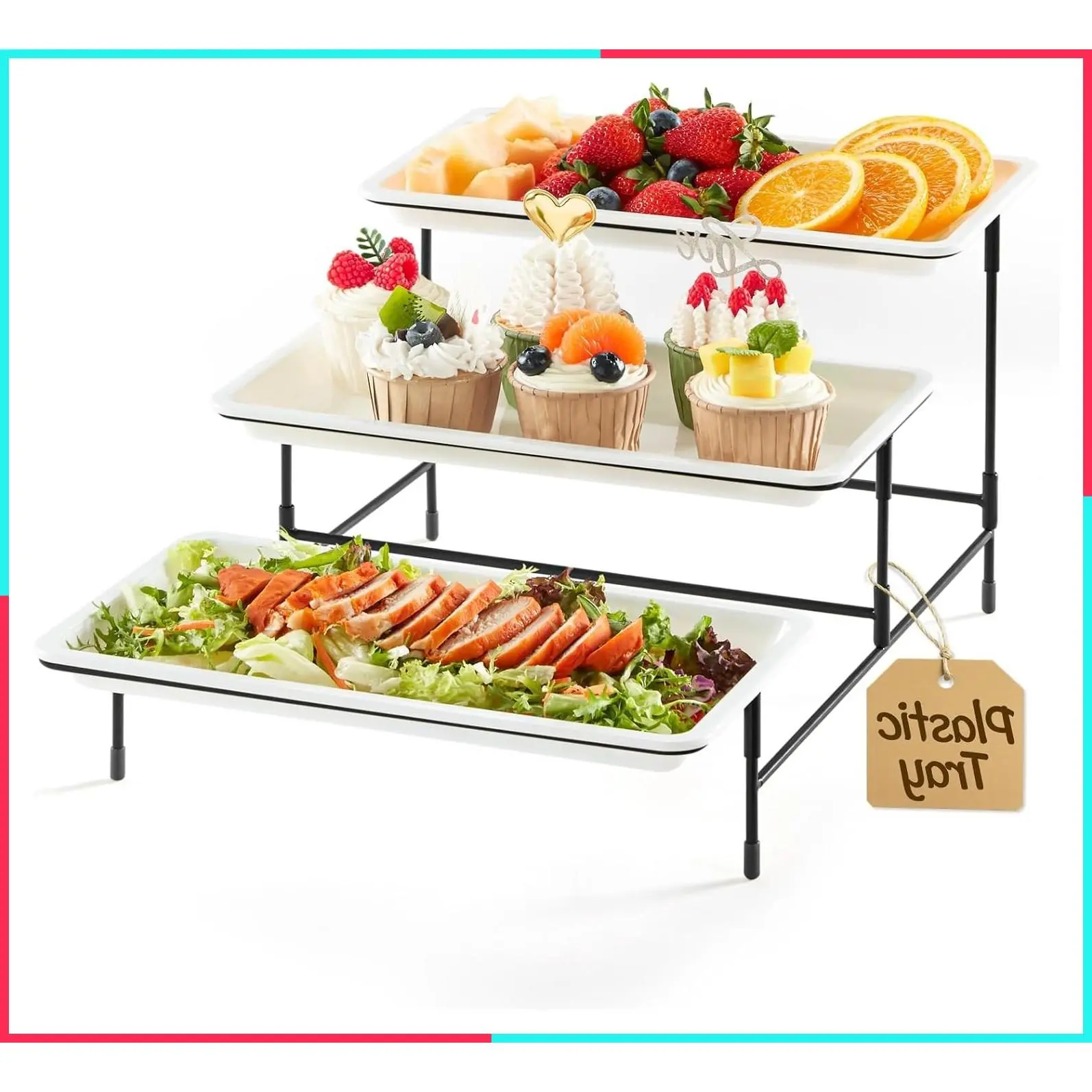 3-Tier Serving Tray for Party, Plastic Tiered Food Platters with Collapsible Black Metal Stand, 12" x 6.5" White Serving Dishes for Dessert, Buffet & Holiday Hosting
