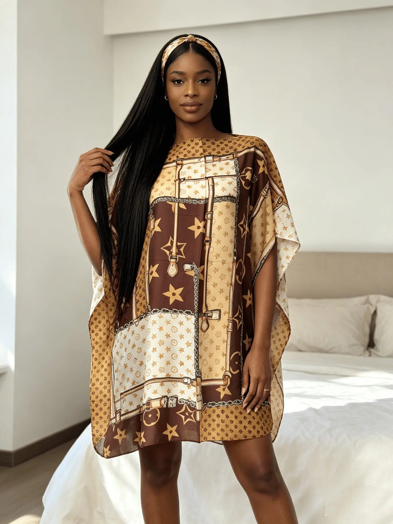 Women Vintage Belt Star Print Satin Kaftan Mini Dress  Oversized Loose Silk Feel Loungewear Curvy Friendly Nightgown Beach Cover Up Outfit