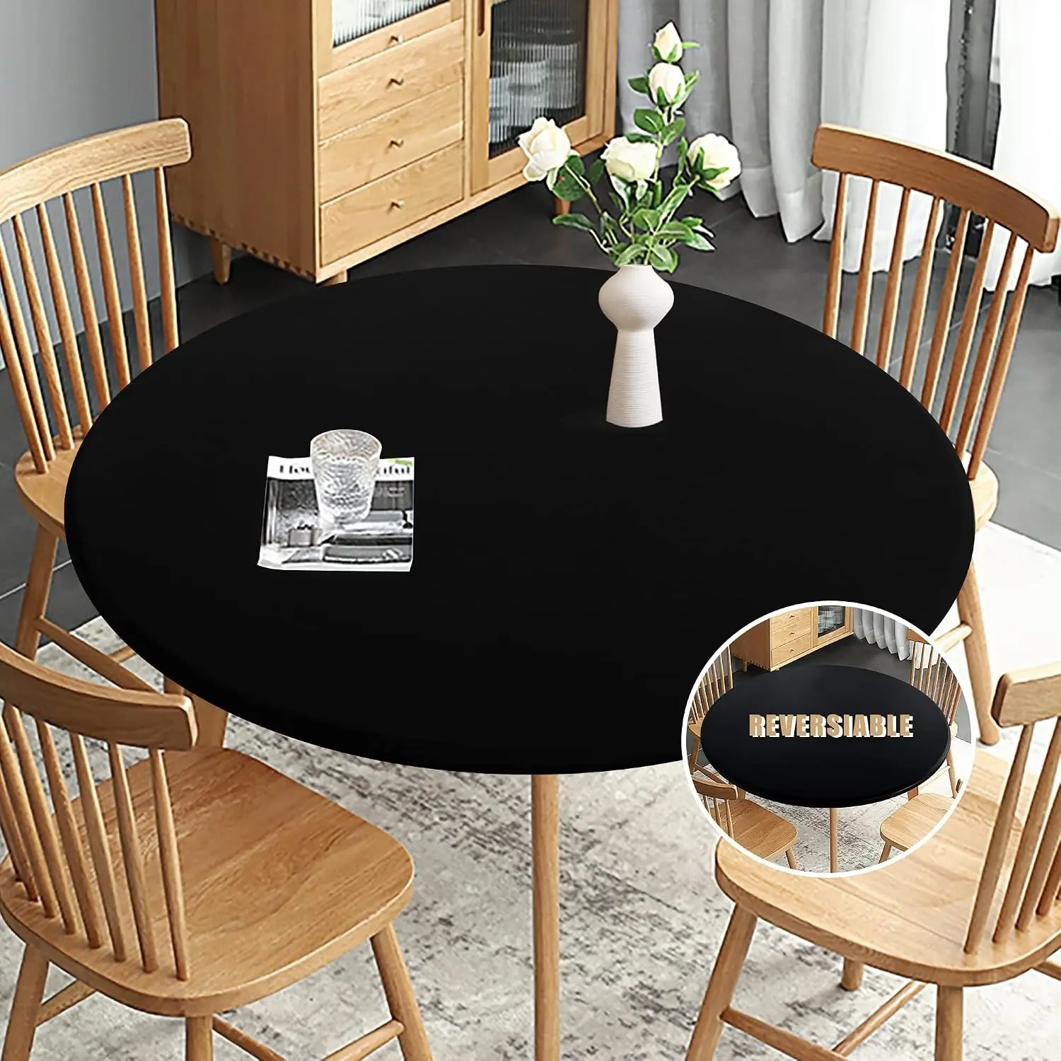 Fitted Round Table Cloth, Reversible Waterproof Stain Resistant Elastic Stretch Tablecloth, Wipe Clean Table Cover for Outdoor/Indoor Use, Fits Round Tables up to 48" - 56" Diameter, Black
