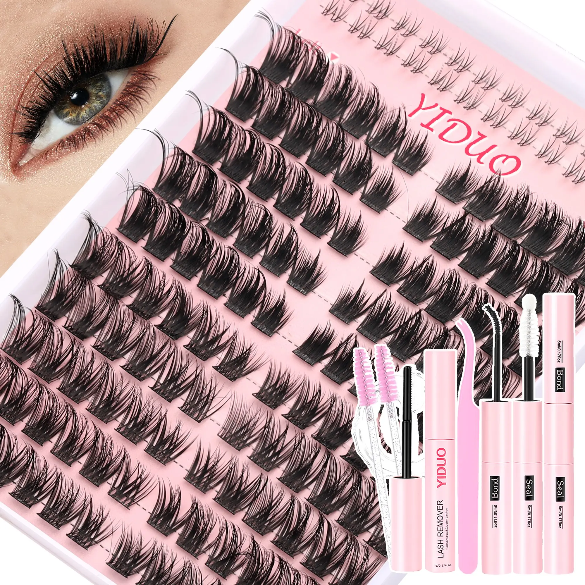YIDUO Fox Eye Lash Cluster Set – 2 Styles (Spike/Wispy) Left & Right Pair, C-Curl Complete Kit with Bond, Seal, Remover, Tweezers & Brushes for Easy 5-Min DIY at Home.