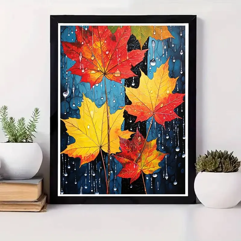 A 2D flat frameless hand-made DIY diamond painting set Realistic style maple leaf with water drop decoration Bright red yellow green gradient Suitable for living room bedroom wall decoration
