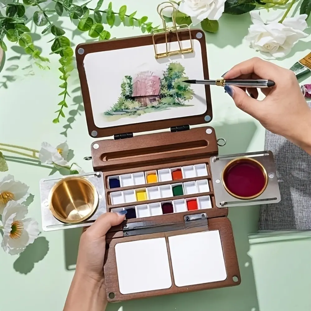 Portable 24-well wood watercolor palette with 24 wells and solid foundation is suitable for artists and lovers,-watercolor, calligraphy, painting, and compact articles for travel-not included.