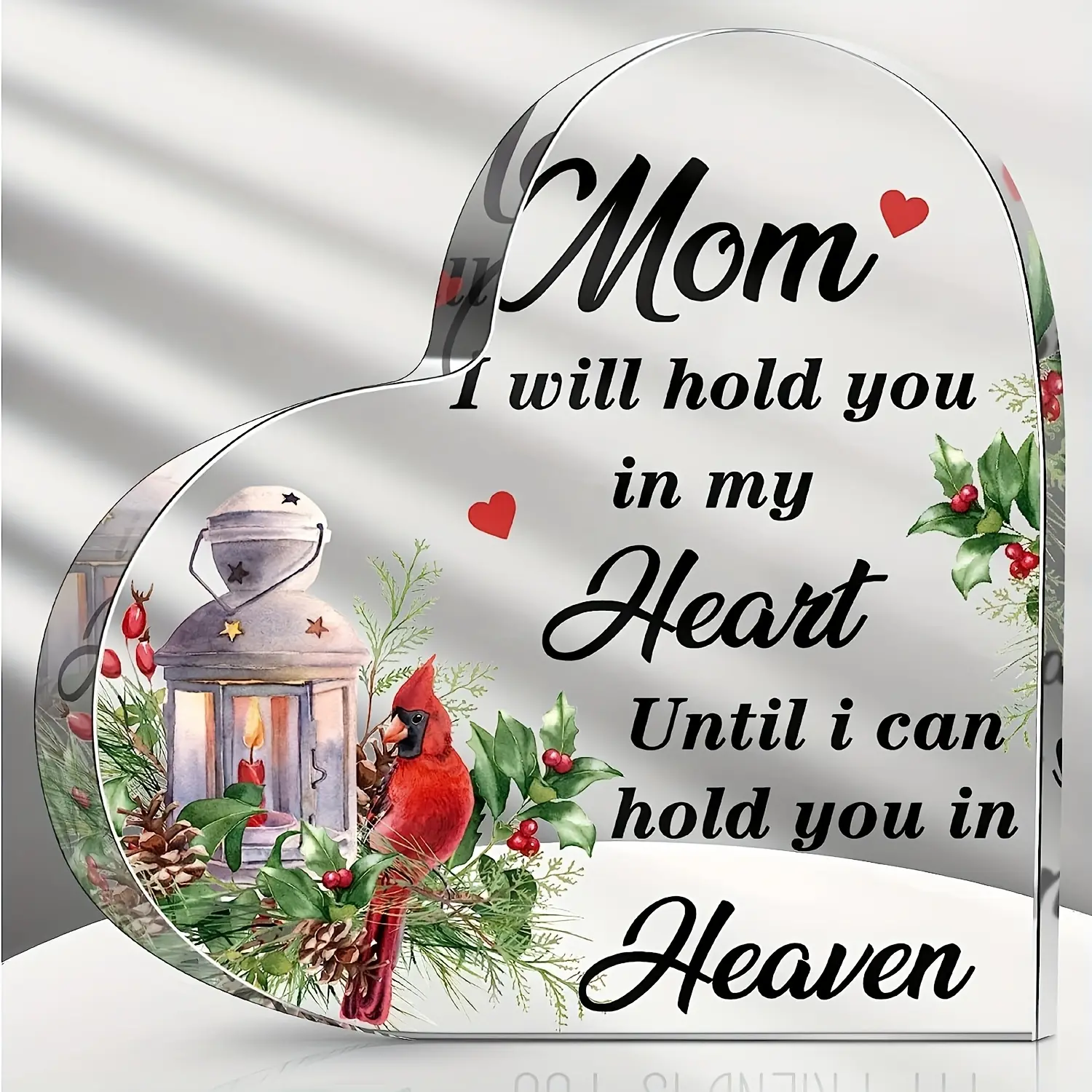 I Will Hold You in My Heart Until I Can Hold You in Heaven" Acrylic Heart Decor - Cardinal & Lantern Memorial Desk Sign - Perfect Sympathy Gift for Loss of Mom, Bereavement Keepsake