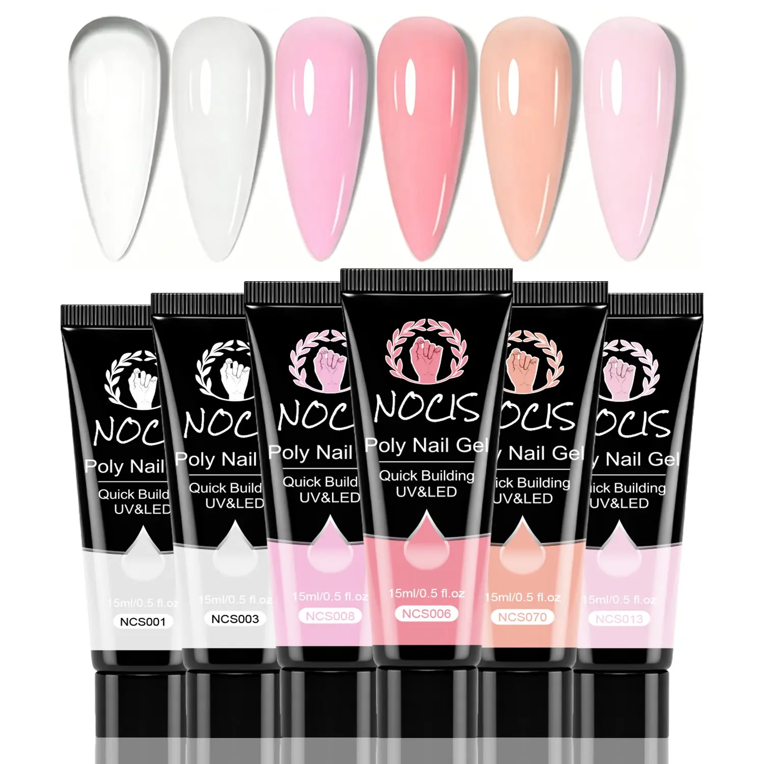 Nocis 6 Color Gel Extension Kit, Poly Gel, Nail Gel Builder, 15g Tube, UV LED Removable, Transparent, Pearl, Peach, Nude, Ideal for Manicure Salon & Home Use