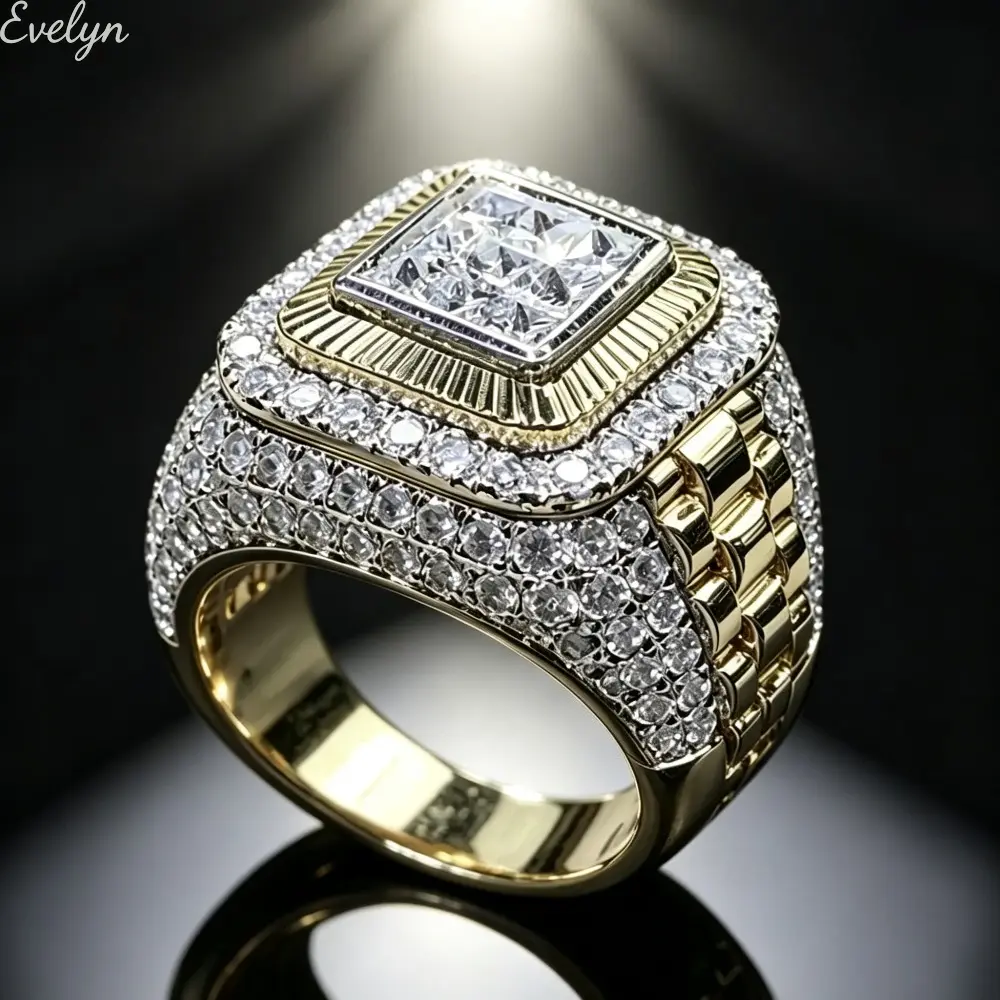 Men's Iced Out Diamond Ring - Viral European Trendy Design Brand, Bold Shine Hip Hop Band, MDF-Steel Male Streetwear Accessory for Street Dance, Club Outfits