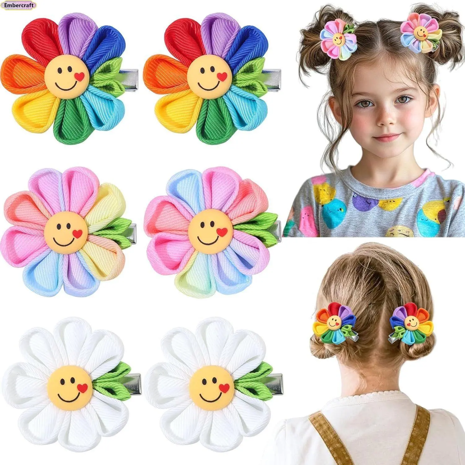 Girls' Rubber Hair Clips-Hair Pins, Cute One Size Not Embedded Accessories with Smiley Face & Sunflower Designs, Colorful Daily-Use Barrettes