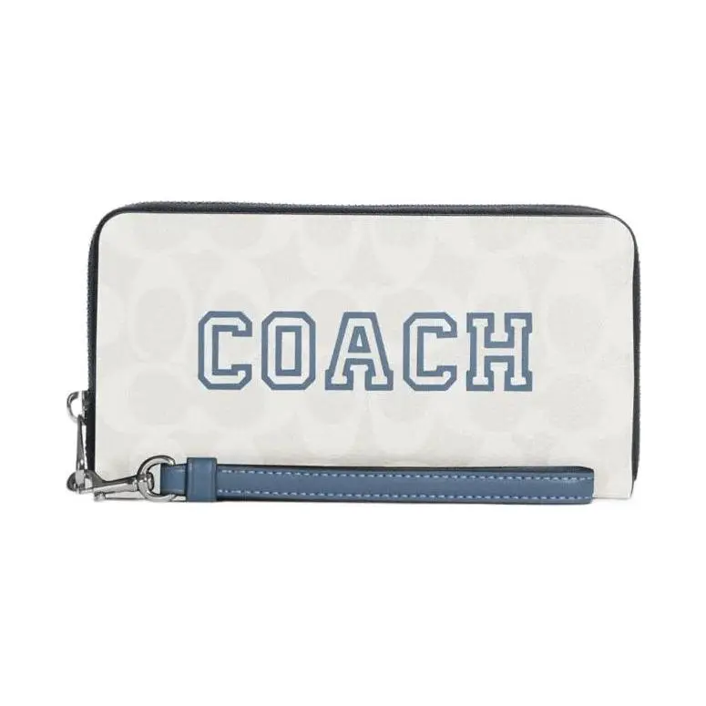 COACH Zip-Around 19 Wristlet Wallet for Women – Classic Monogram Print in Chalk White and Indigo Blue