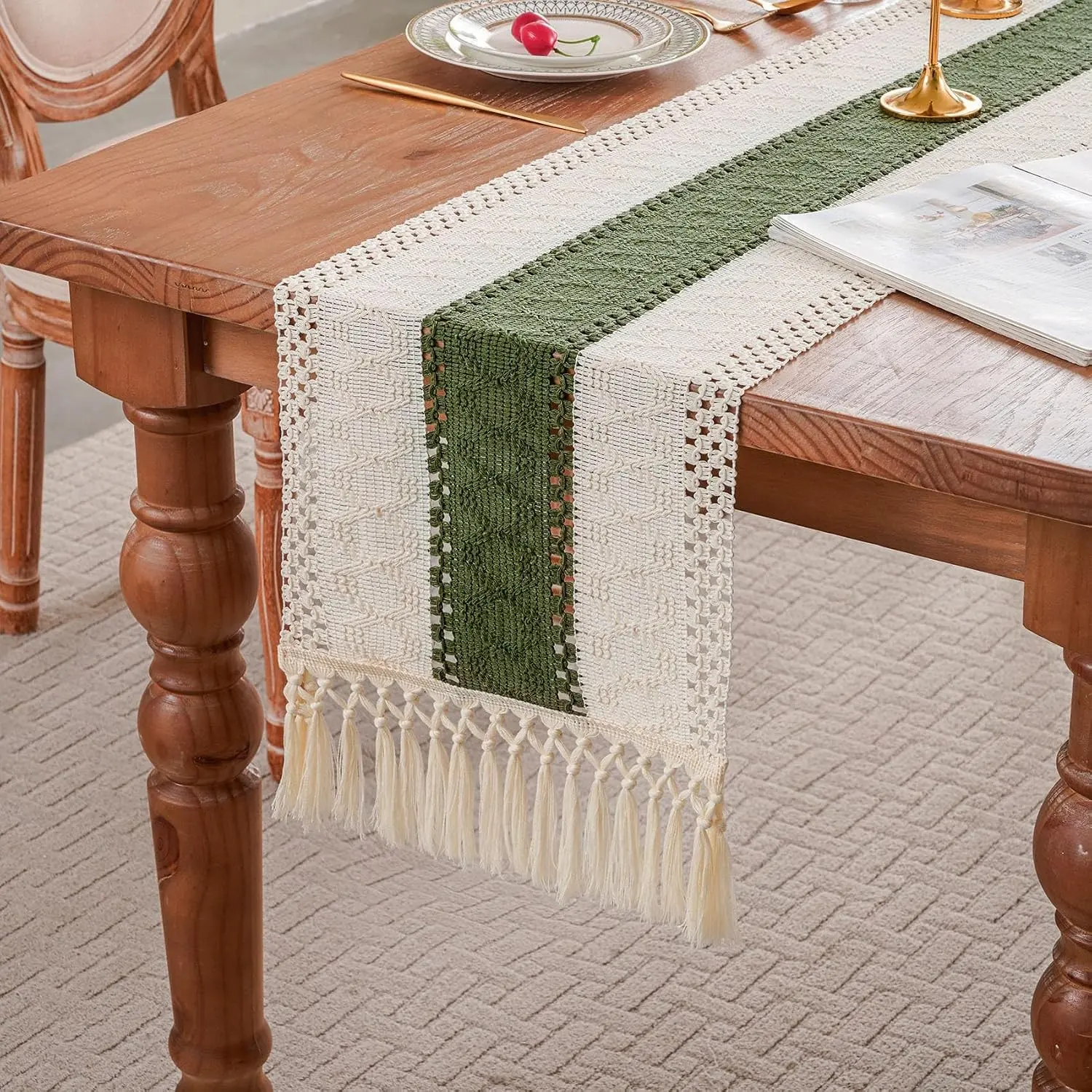 1-Piece Sage Green Spring Macrame Table Runner, 72-in Long Farmhouse Boho Decor for Coffee Tables, Dresser Covers, One-Piece