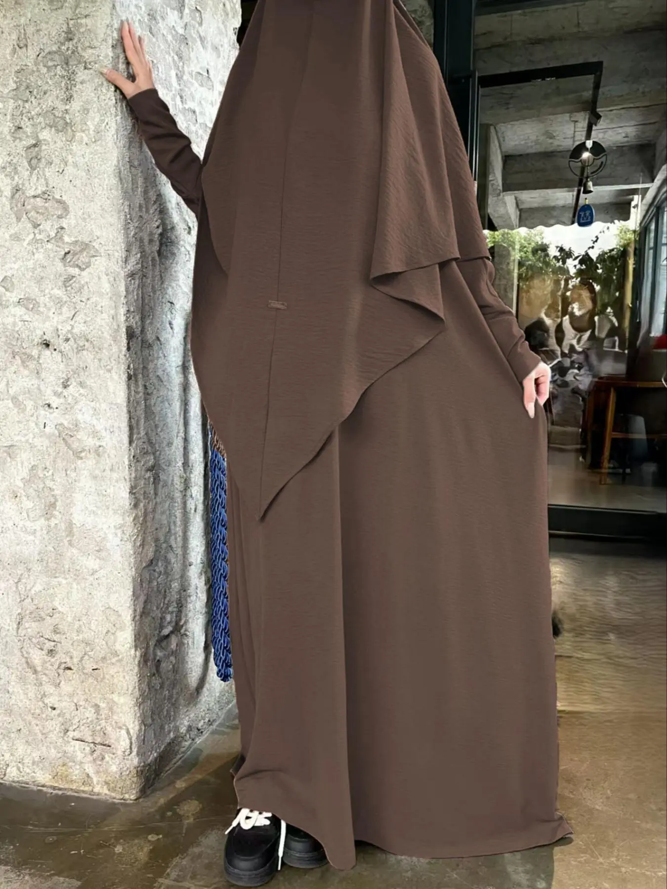 Women's Solid Color Batwing Sleeve Modesty Abaya & Khimar Set, Modest Casual Long Sleeve Maxi Dress & Hijab Set, Ladies Islamic Clothing for Daily Wear, Modest Muslim Outfits, Fashion Muslim Set