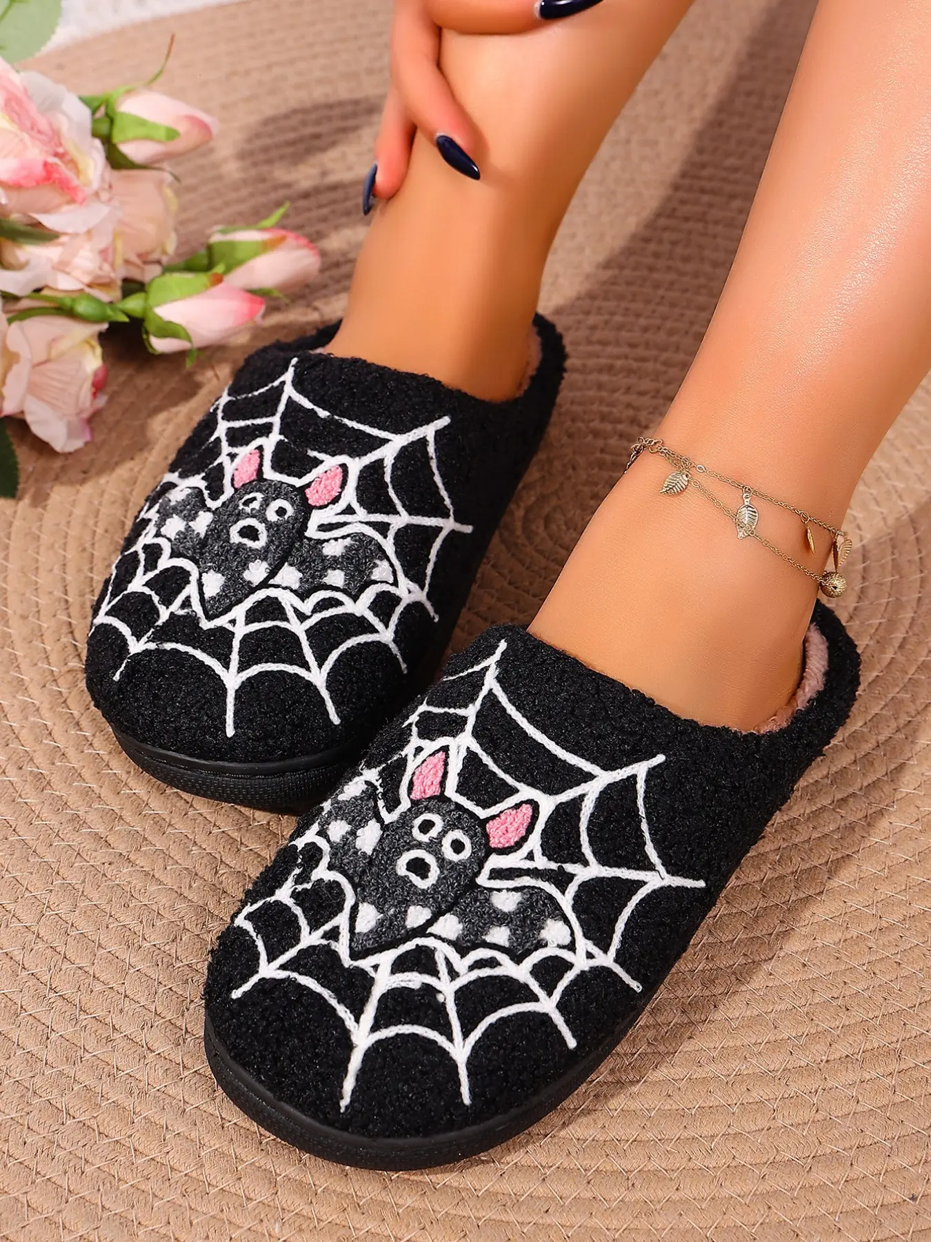 Women's Fall Winter Halloween Bat Pattern Plush Cotton Slippers, Slide, Non-Slip Indoor Home Shoes, Casual Cartoon Design, Medium Width