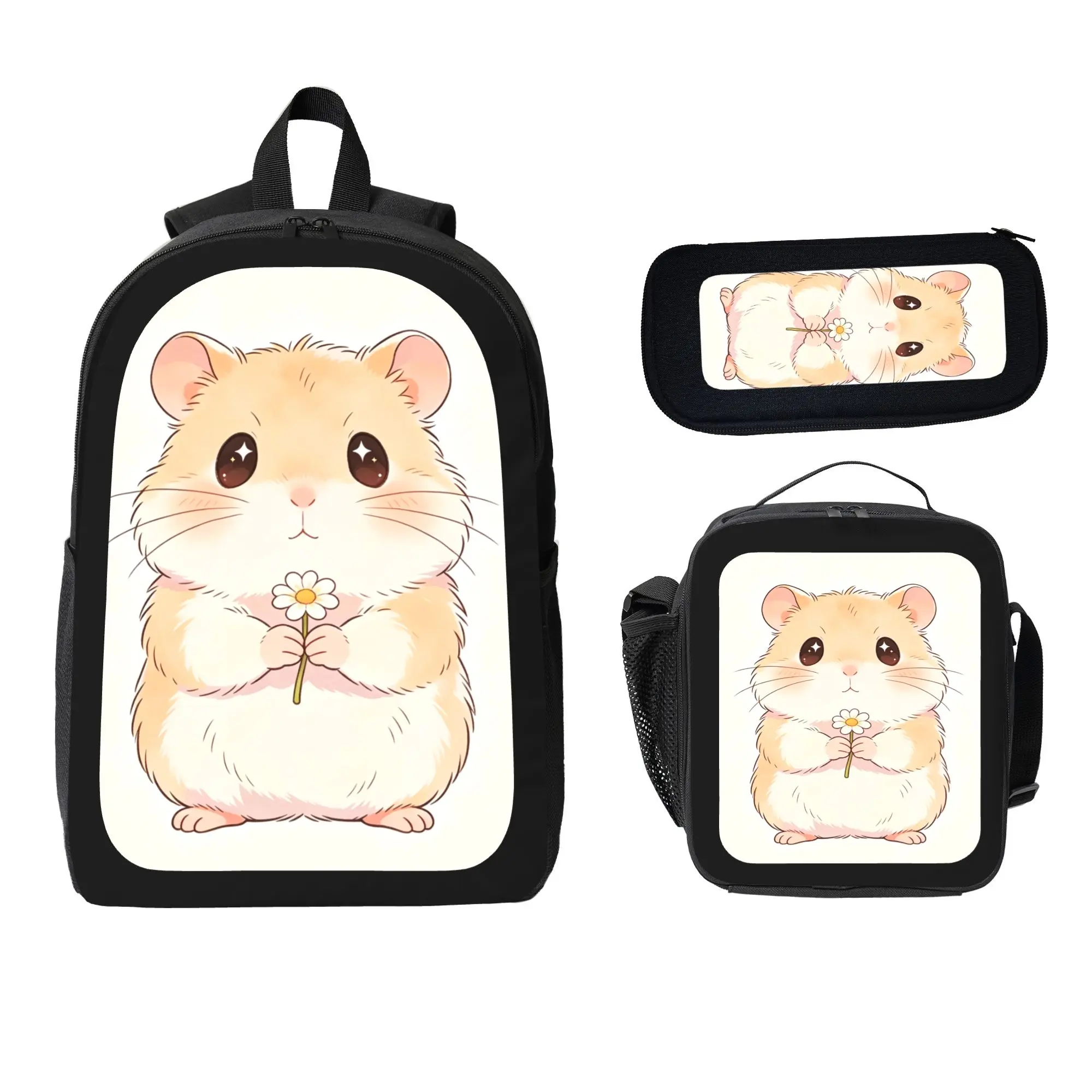 600D Oxford Cloth Cute Animal Aesthetic Hamster Backpack Set for Active Teenagers - Water-resistant, Large-capacity Minimalistic Casual School Bag, Geometric Print, Color-fast Printing, Prop 65 Safe, Hand Wash Only, Daily School Life Essential