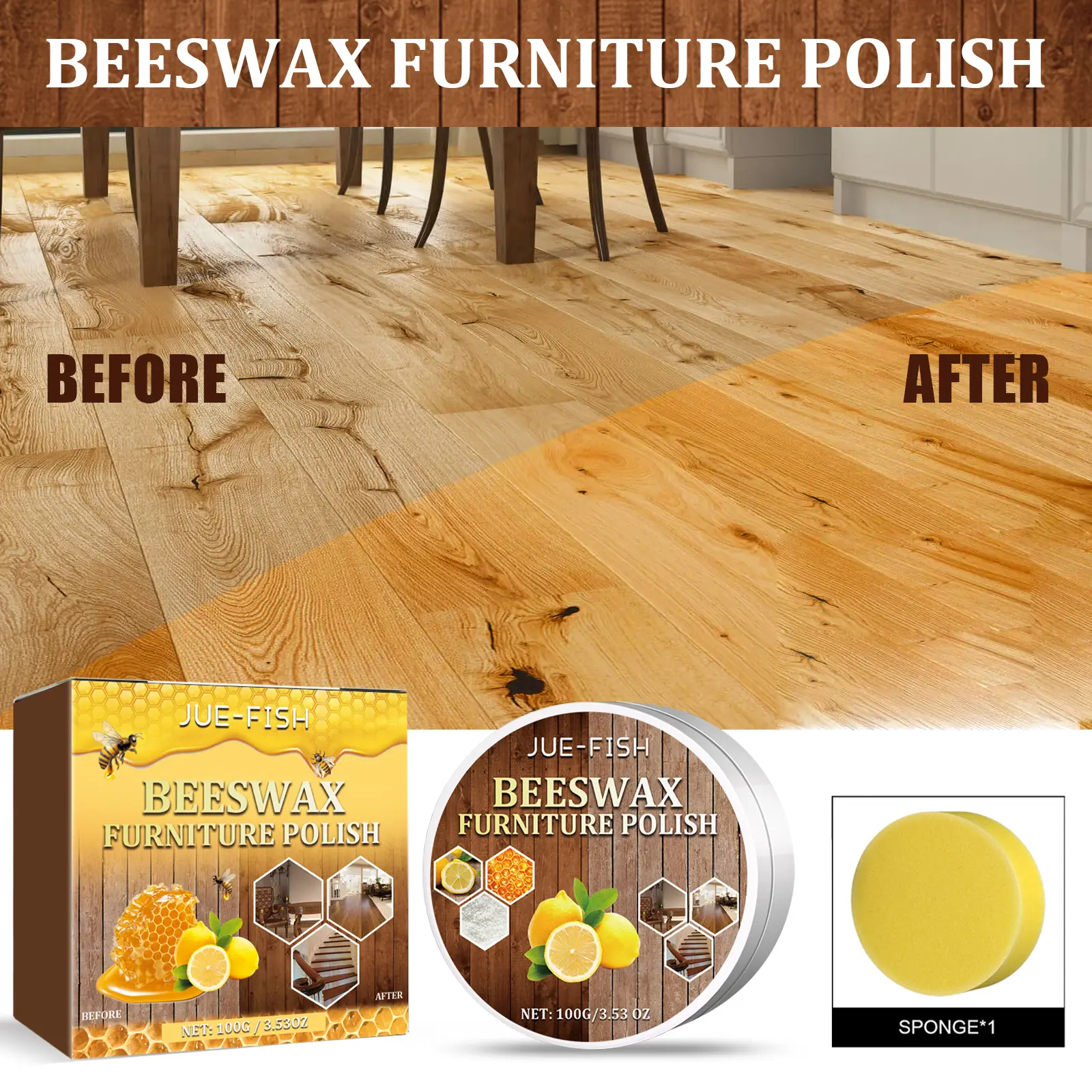 Jue-Fish Wood Furniture Polishing Wax for Cleaning, Shining and Maintaining Floors, Cabinets and Mahogany Furniture