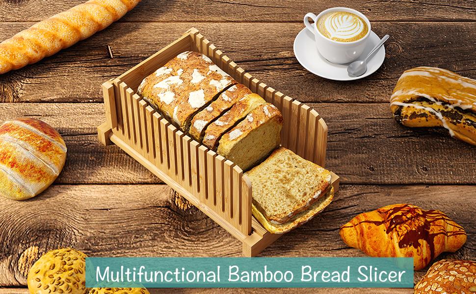 Bamboo Bread Slicer, Adjustable Bread Slicer Guide with 3 Thickness Size, Foldable Compact Chopping Cutting Board, Great for Homemade Bread, Cakes, Bagels