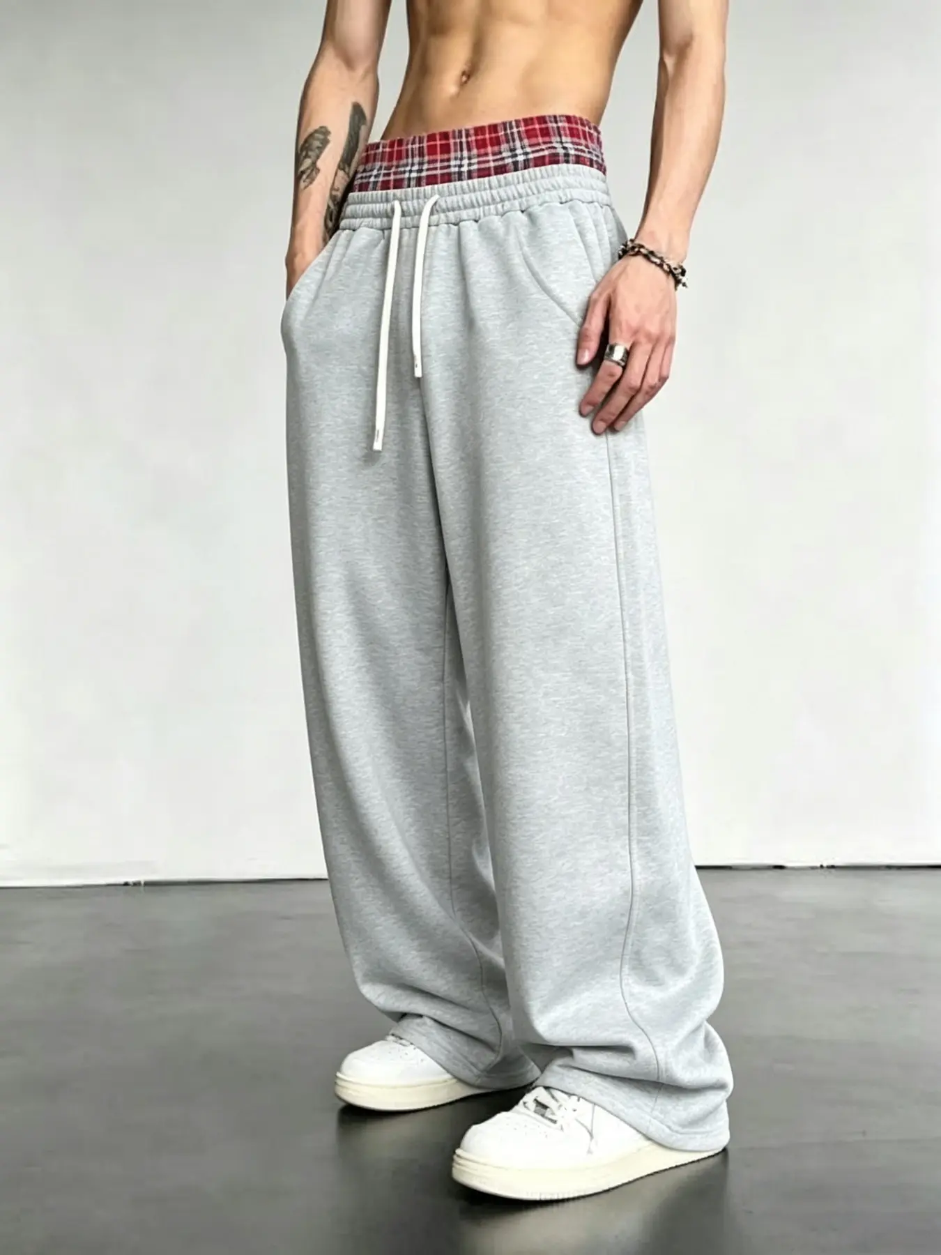 Plaid Patchwork Waist Wide Leg Pants, Lazy Style Drop Shoulder Sportswear, Retro Streetwear Fake Two-Piece Sweatpants, Unisex Couple, Casual Sporty Pants