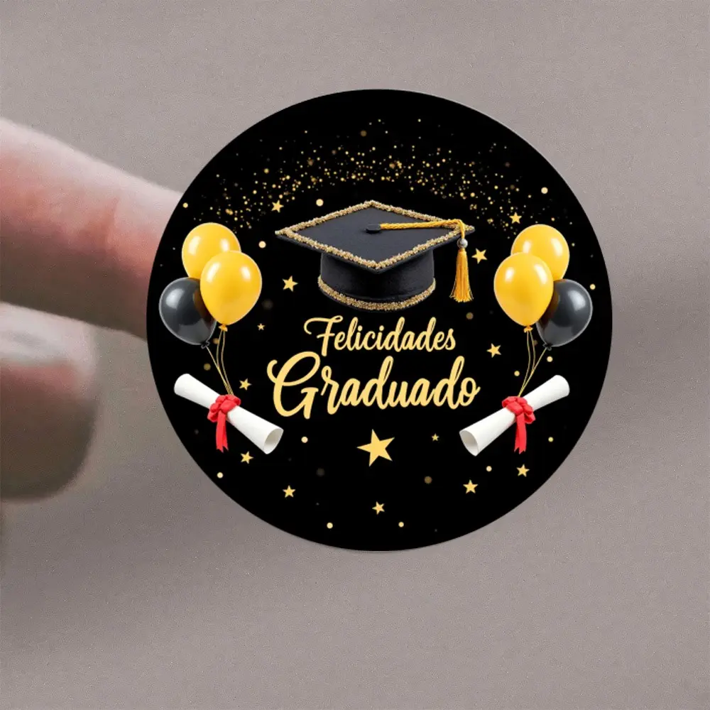 72 Graduation Hat Stickers, Background Gold Star Balloon Design, Congrats Graduate Text, Perfect for Graduation Celebrations