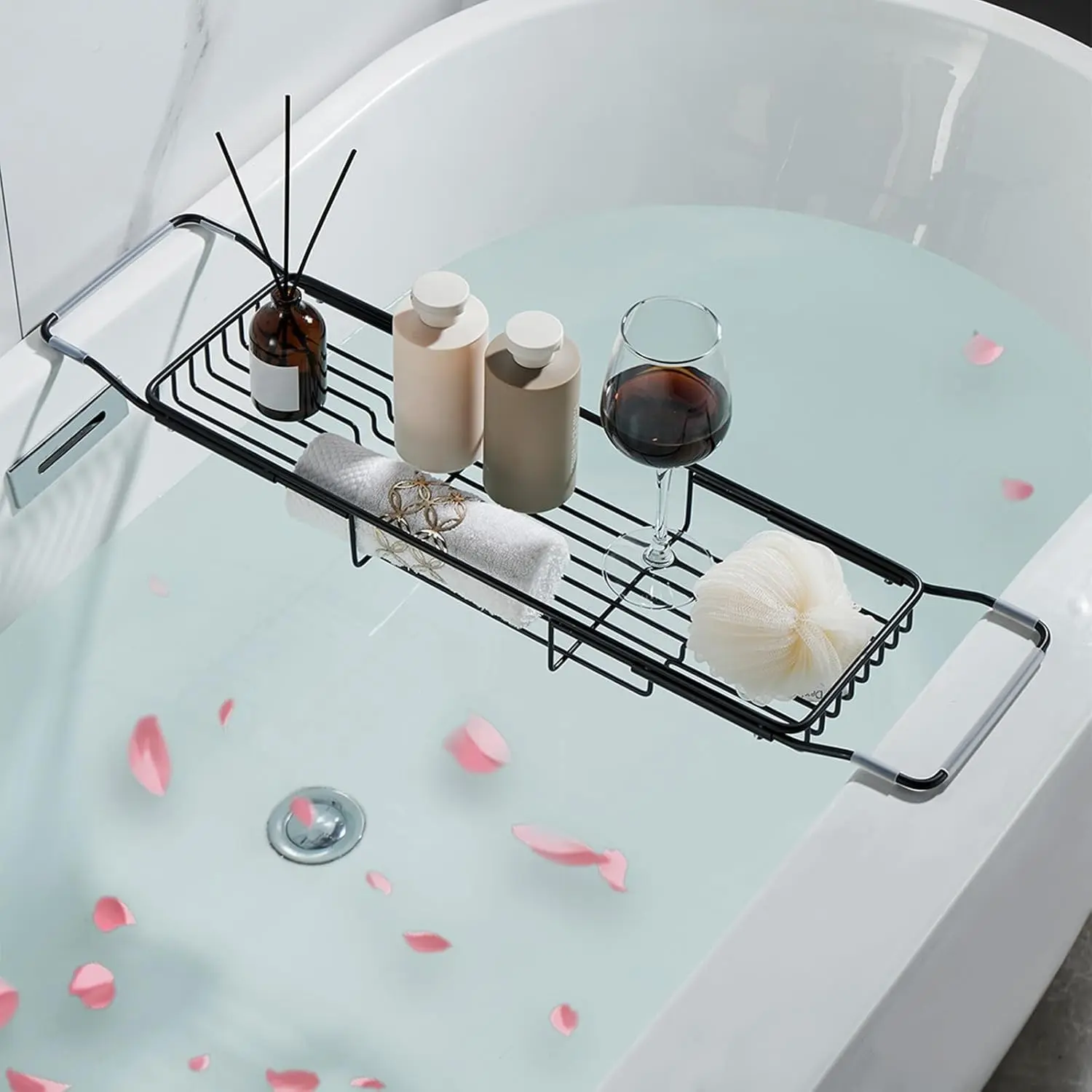 Stainless Steel Bathtub Caddy Tray, Expandable Bath Tub Tray Table, Adjustable Bathroom Tray, Bath Organizer Tub Shelf,Black,26.8~35.4in